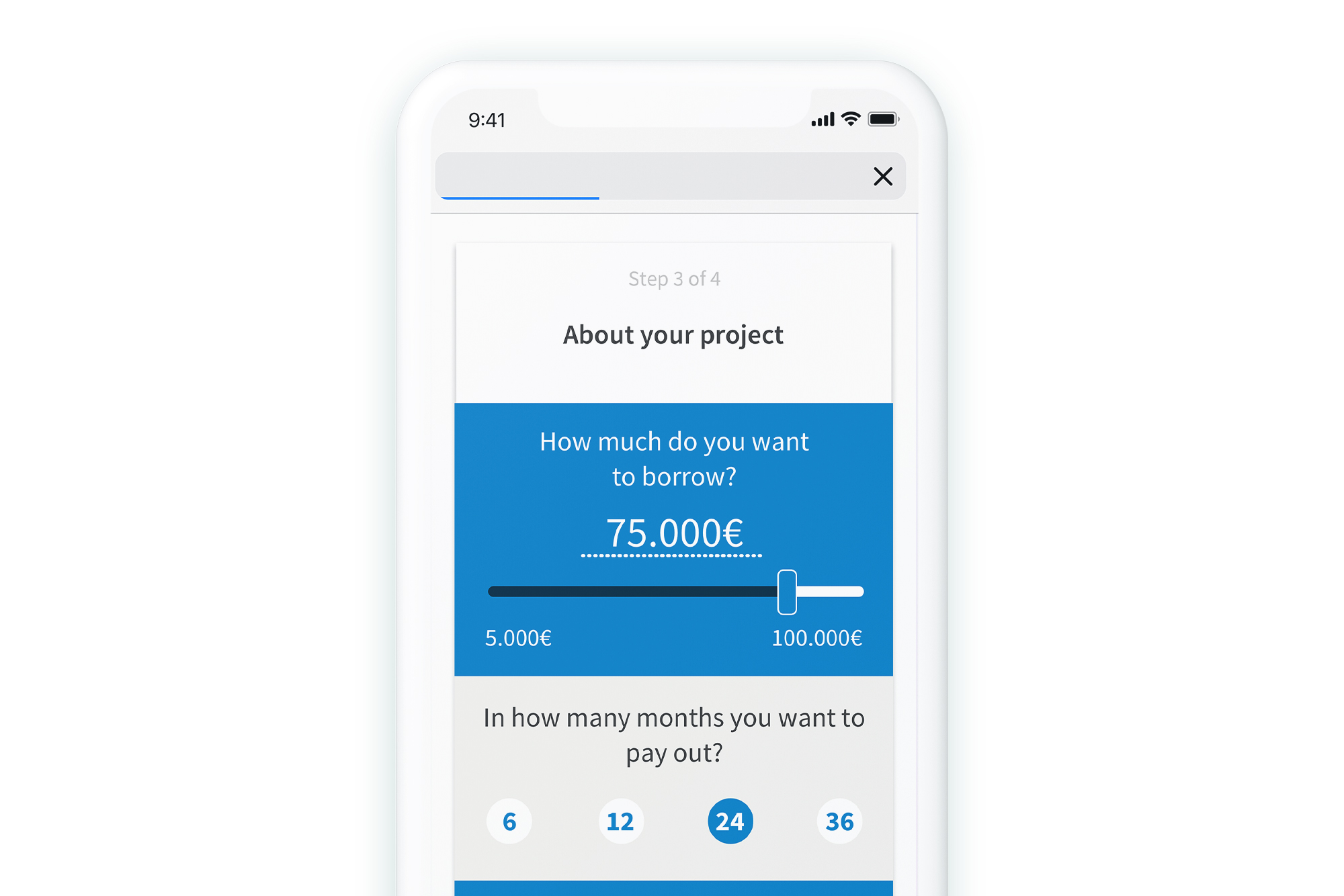 A phone mockup shows the borrower application detail of the calculator